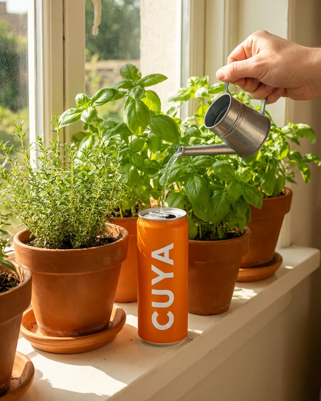 A Cuya can among herb pots on a sunny windowsill